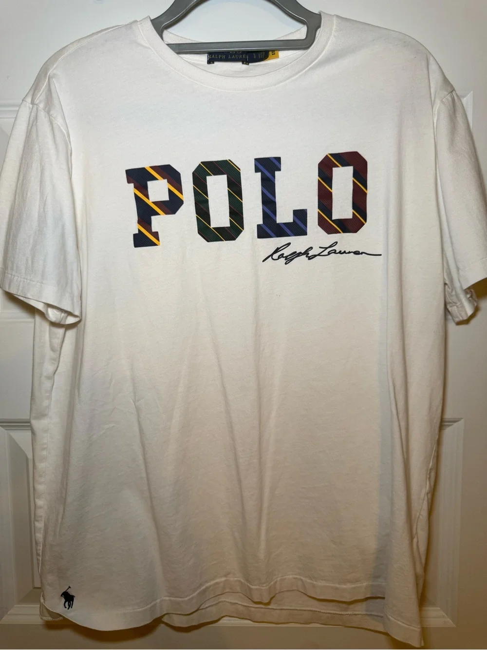 Polo by Ralph Lauren Men’s Large White Tee with Multicolor Plaid POLO Graphic